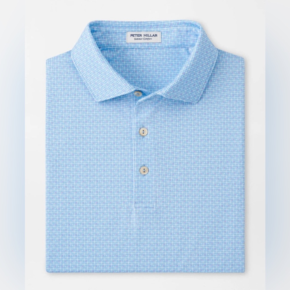 Peter Millar Cottage Blue Vega Performance Jersey Polo Summer Comfort Geo Print